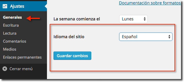 Change language Spanish WordPress 4.0