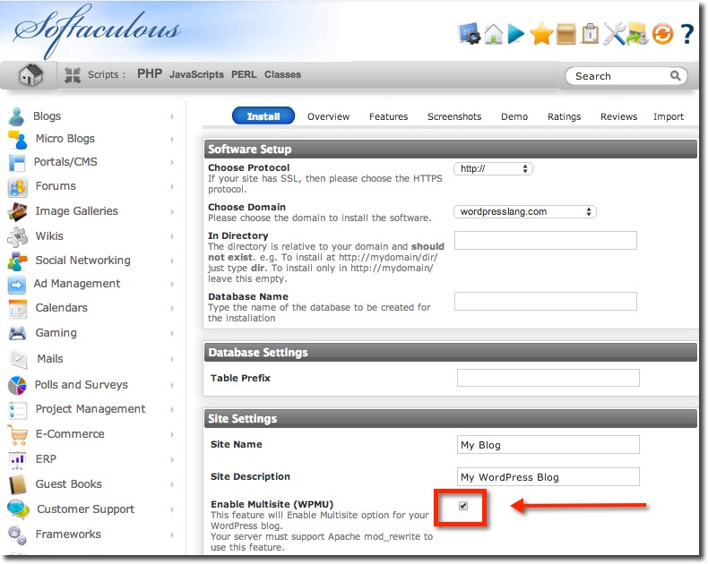 Install WordPress Multisite Softaculous