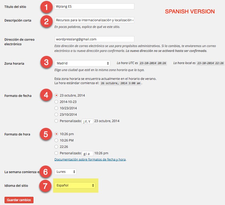 Settings General WordPress Spanish