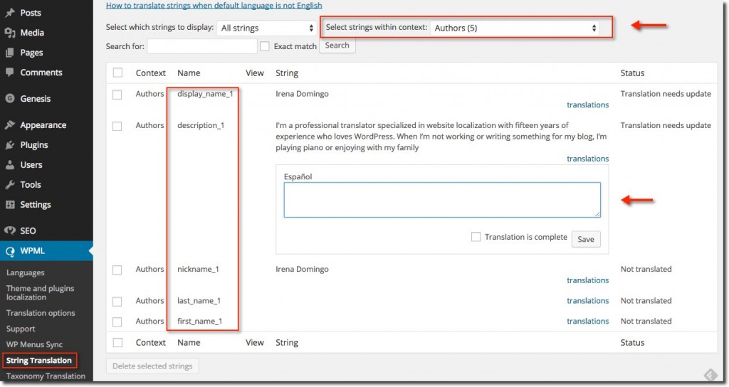 Translate Author Information - String Translations WPML