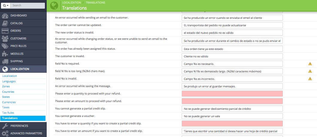 Traducciones mensajes de error PrestaShop